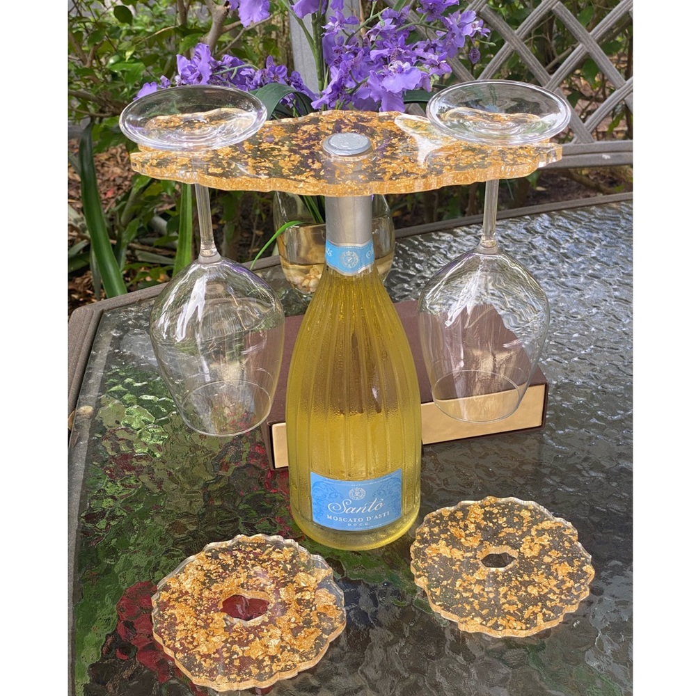 Gold Flake Wine Caddy & Coaster Set Resin Art - Picture 1 of 16
